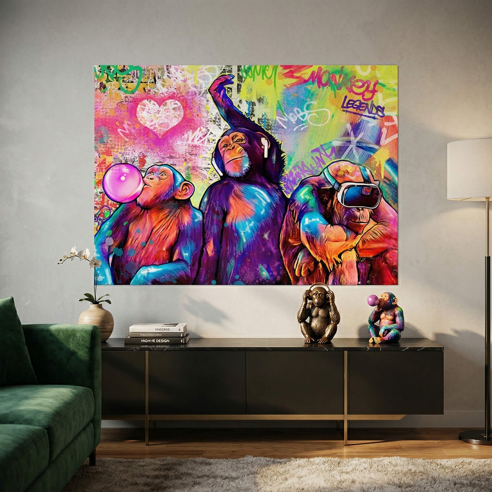 Electric blue, pink, and green neon graffiti background with bold street art elements.