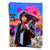 Vibrant portrait of Jim Morrison in Pop Art style holding a guitar with neon blue and pink sunset background.