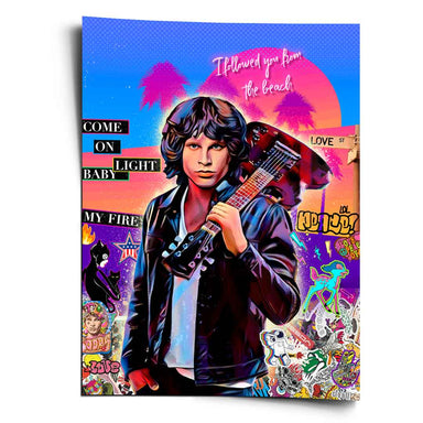 Vibrant portrait of Jim Morrison in Pop Art style holding a guitar with neon blue and pink sunset background.