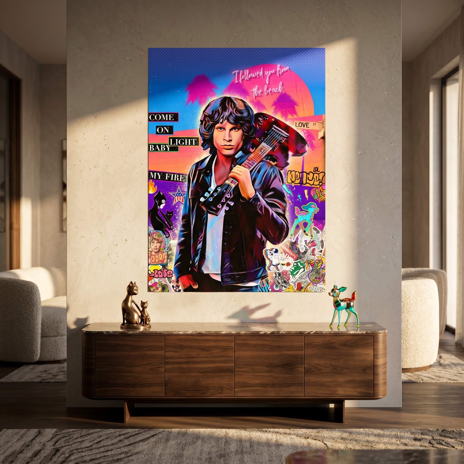 Bold line work and graffiti collage around Jim Morrison’s stylized face with lyrics from Light My Fire.