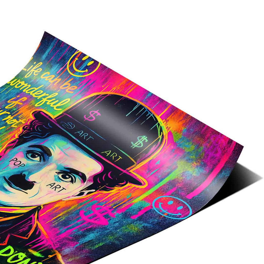 Central Chaplin portrait with urban street art vibes and bright neon colors suitable for teen room decor.