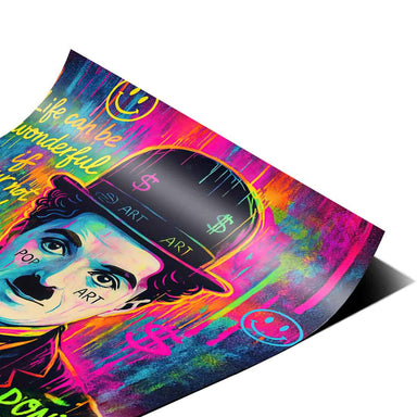 Central Chaplin portrait with urban street art vibes and bright neon colors suitable for teen room decor.