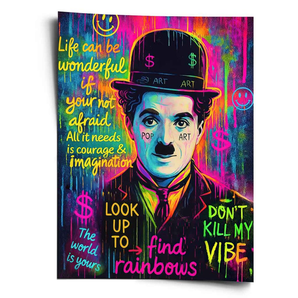Neon Pop Art portrait of Charlie Chaplin in his Tramp persona, rendered in neon pink, electric blue, lime green, and yellow with a dark drippy background.