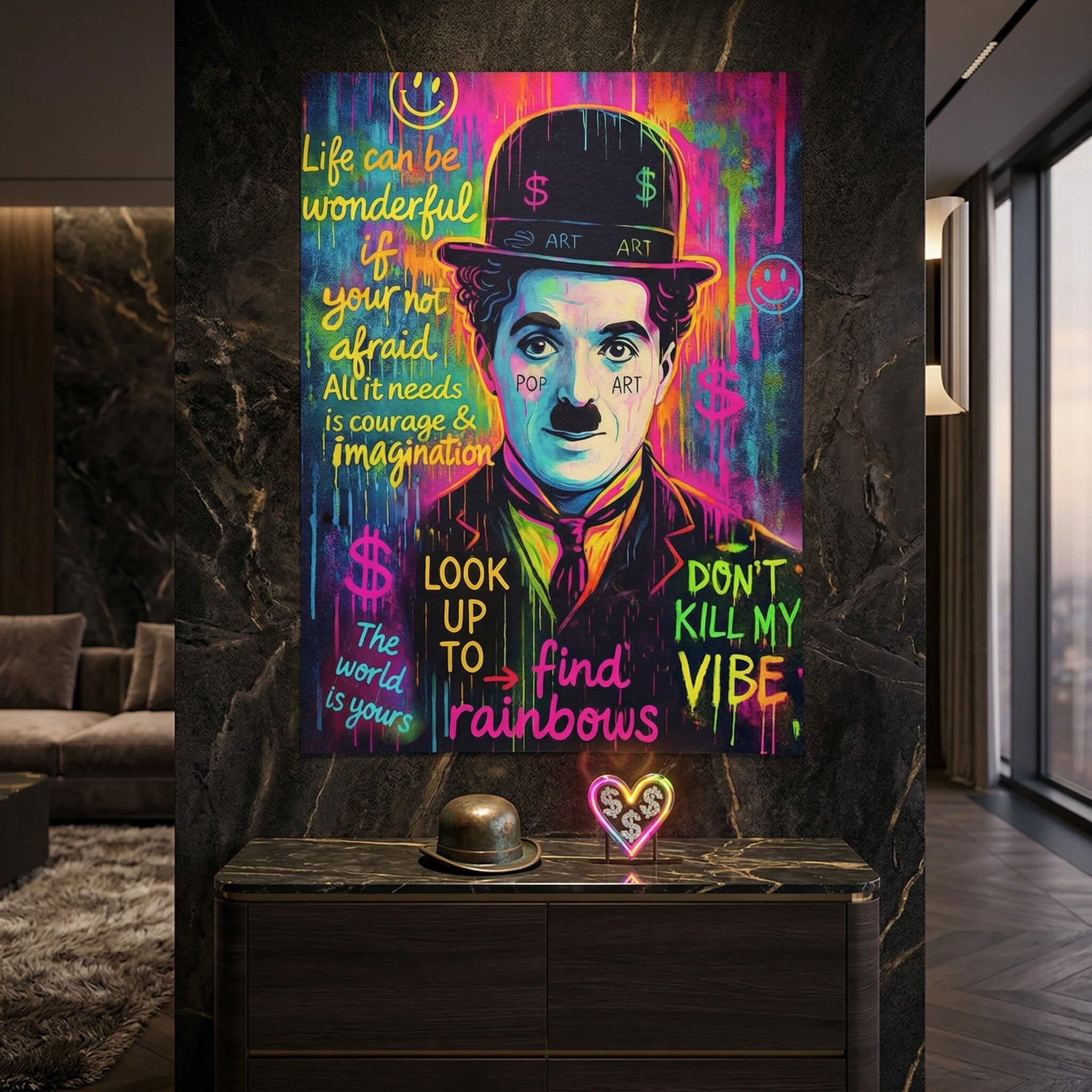 Graffiti-inspired wall art featuring Chaplin, bold typography, and symbols like dollar signs for a motivational vibe.