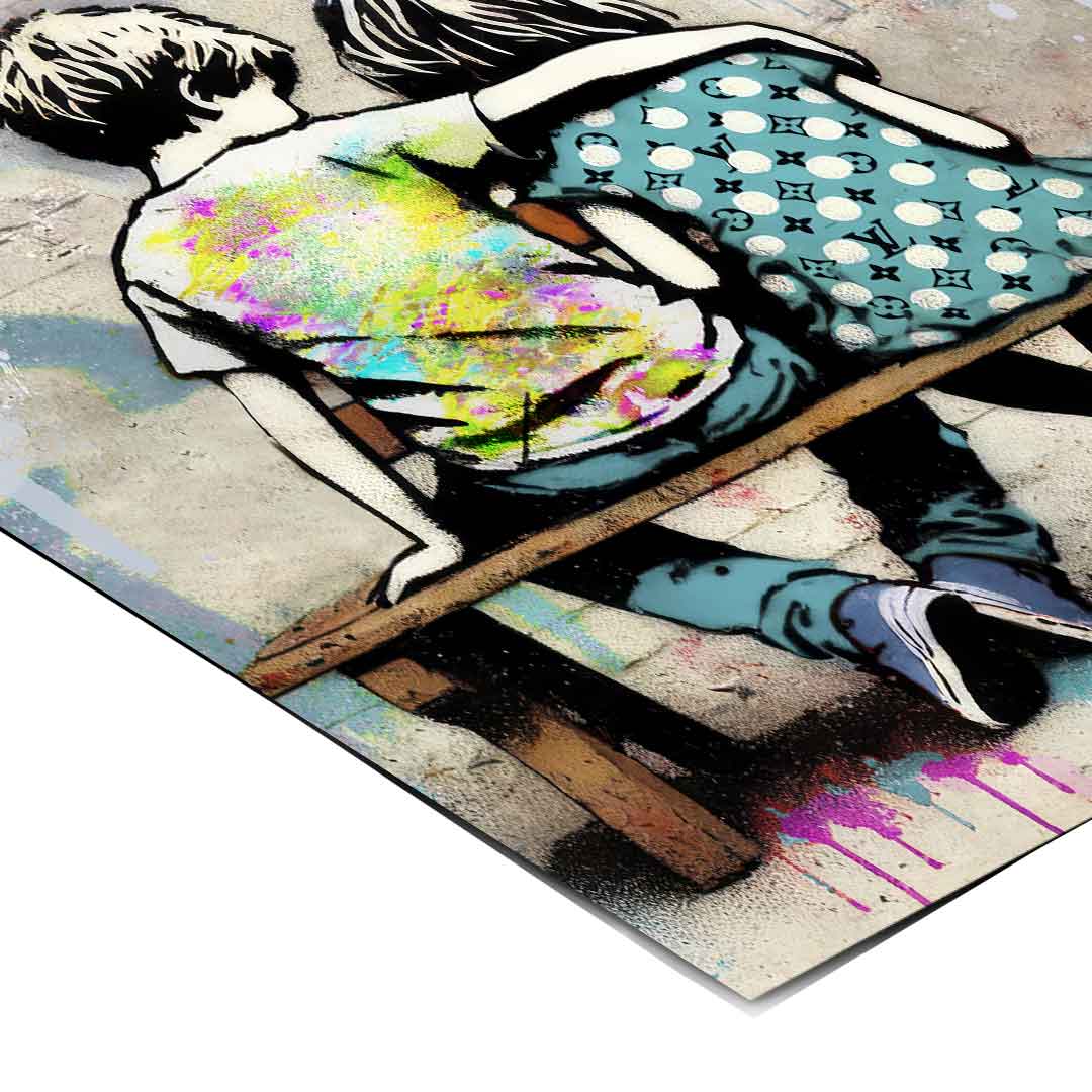Urban pop art poster with graffiti letters and a red heart balloon against a distressed brick wall.