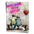 Two children sit on a bench with a small dog beside them, a red heart balloon, and bold magenta 'NEVER NEVER NEVER GIVE UP!' graffiti on a gray urban wall.