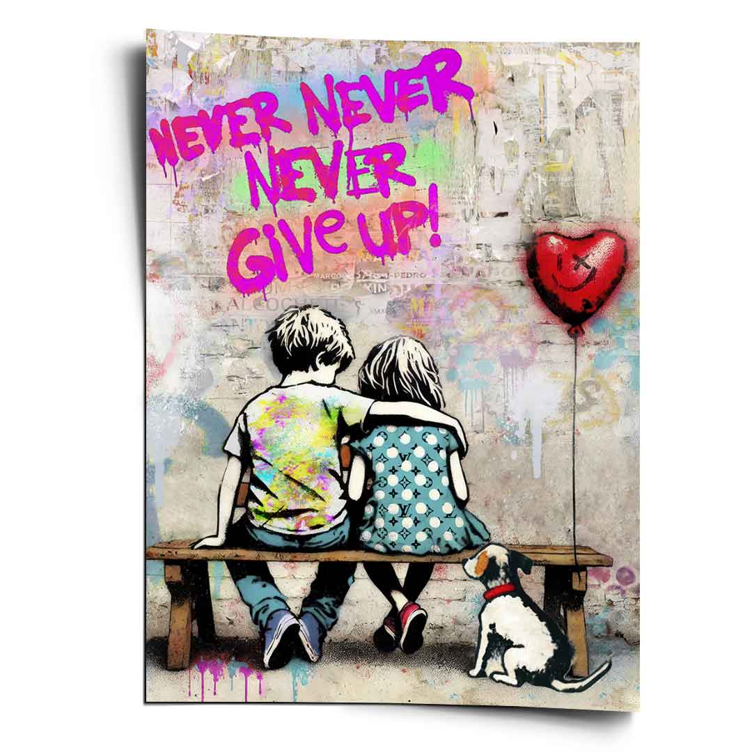 Two children sit on a bench with a small dog beside them, a red heart balloon, and bold magenta 'NEVER NEVER NEVER GIVE UP!' graffiti on a gray urban wall.