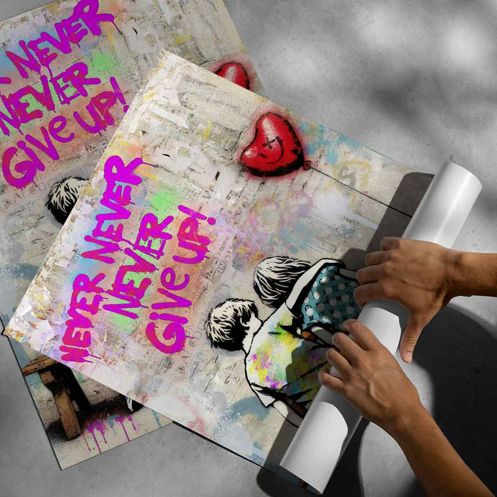 Vibrant wall art with grayscale background, pink accents, and red balloon in a motivational Banksy-inspired design.