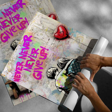Vibrant wall art with grayscale background, pink accents, and red balloon in a motivational Banksy-inspired design.