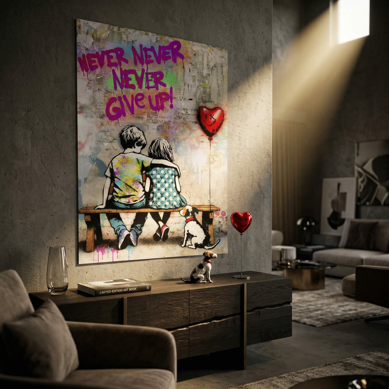 Banksy-inspired street art style wall decor, featuring colorful splatters and a large motivational text.