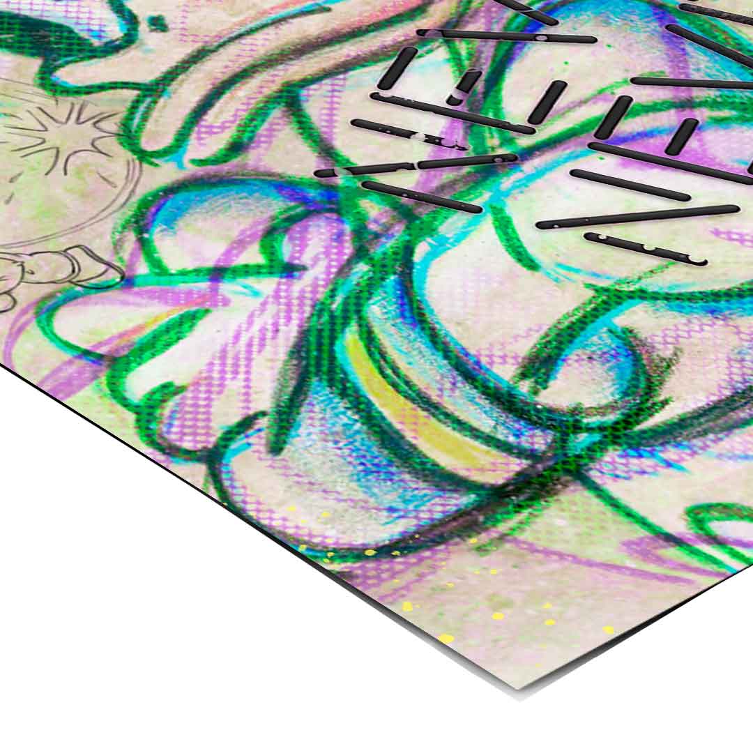 Alternate color variation emphasizing neon teal and purple tones with pink highlights in the give up script.