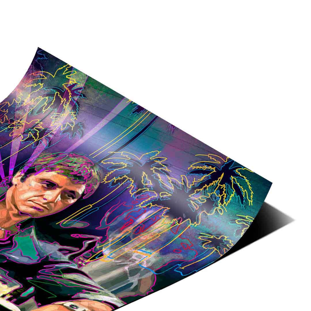 Silhouetted palm trees and radiating light behind a central Pacino portrait on a vibrant city backdrop.
