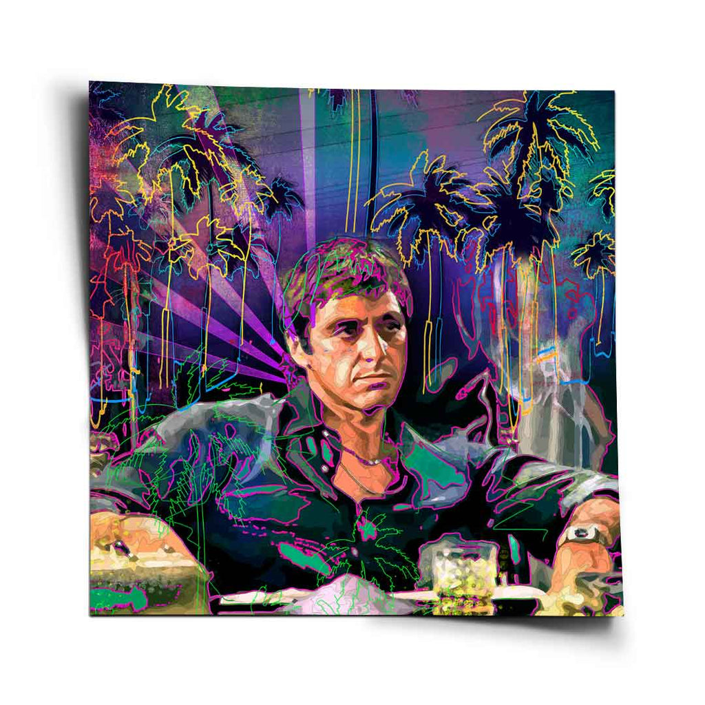 Portrait of Al Pacino as Tony Montana in a neon-outlined, graffiti-inspired pop art poster against a blue and purple urban night scene with palm silhouettes.