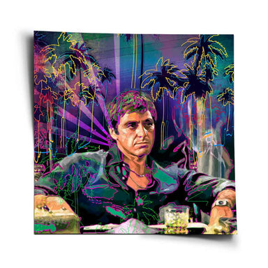 Portrait of Al Pacino as Tony Montana in a neon-outlined, graffiti-inspired pop art poster against a blue and purple urban night scene with palm silhouettes.