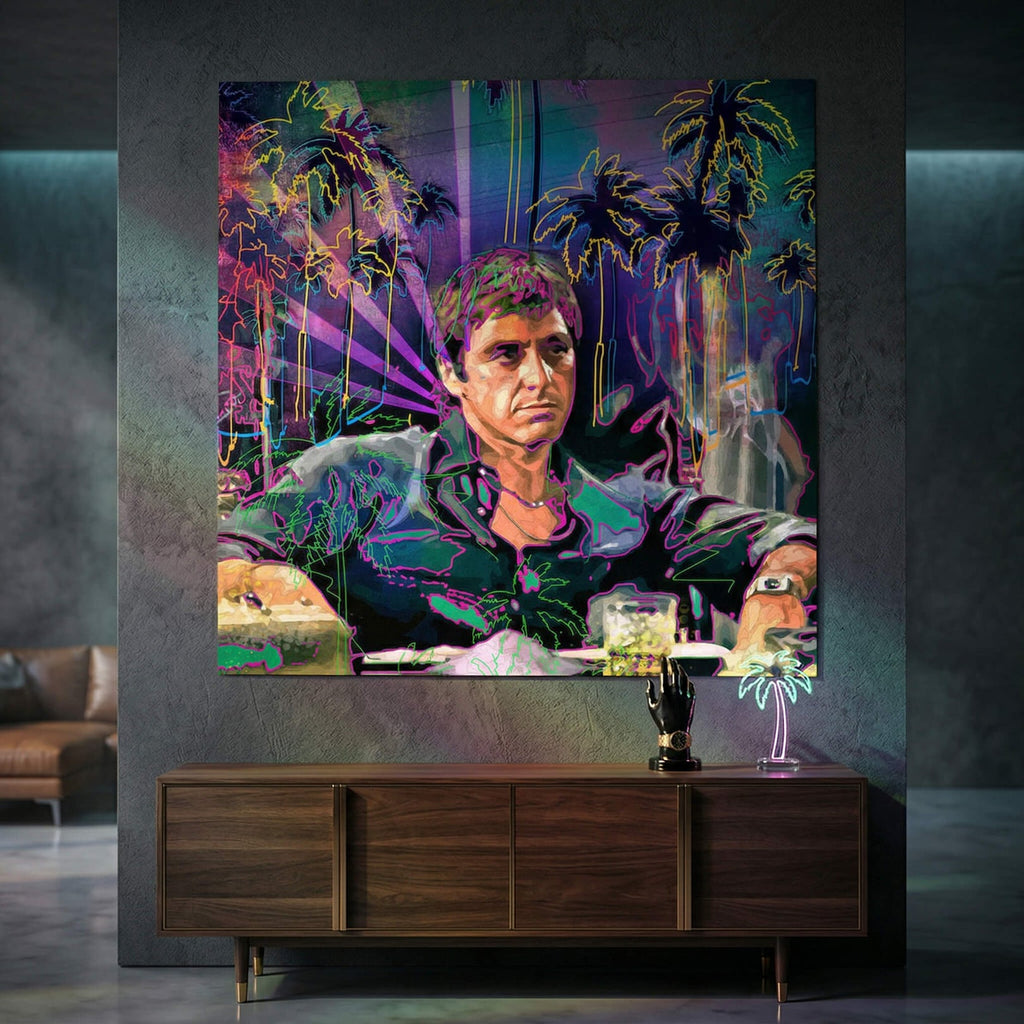 Close-up of Pacino's intense gaze outlined in bright neon greens, yellows, and pinks in retro pop art style.