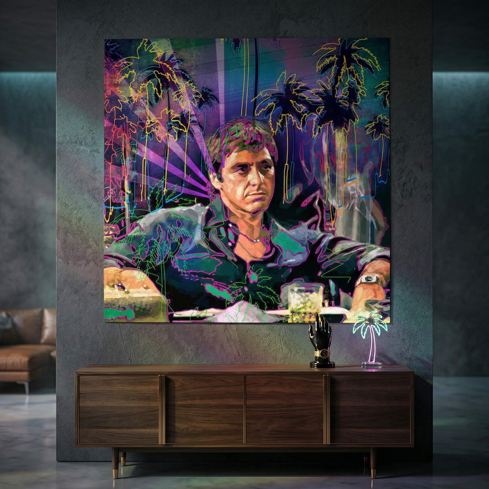 Close-up of Pacino's intense gaze outlined in bright neon greens, yellows, and pinks in retro pop art style.