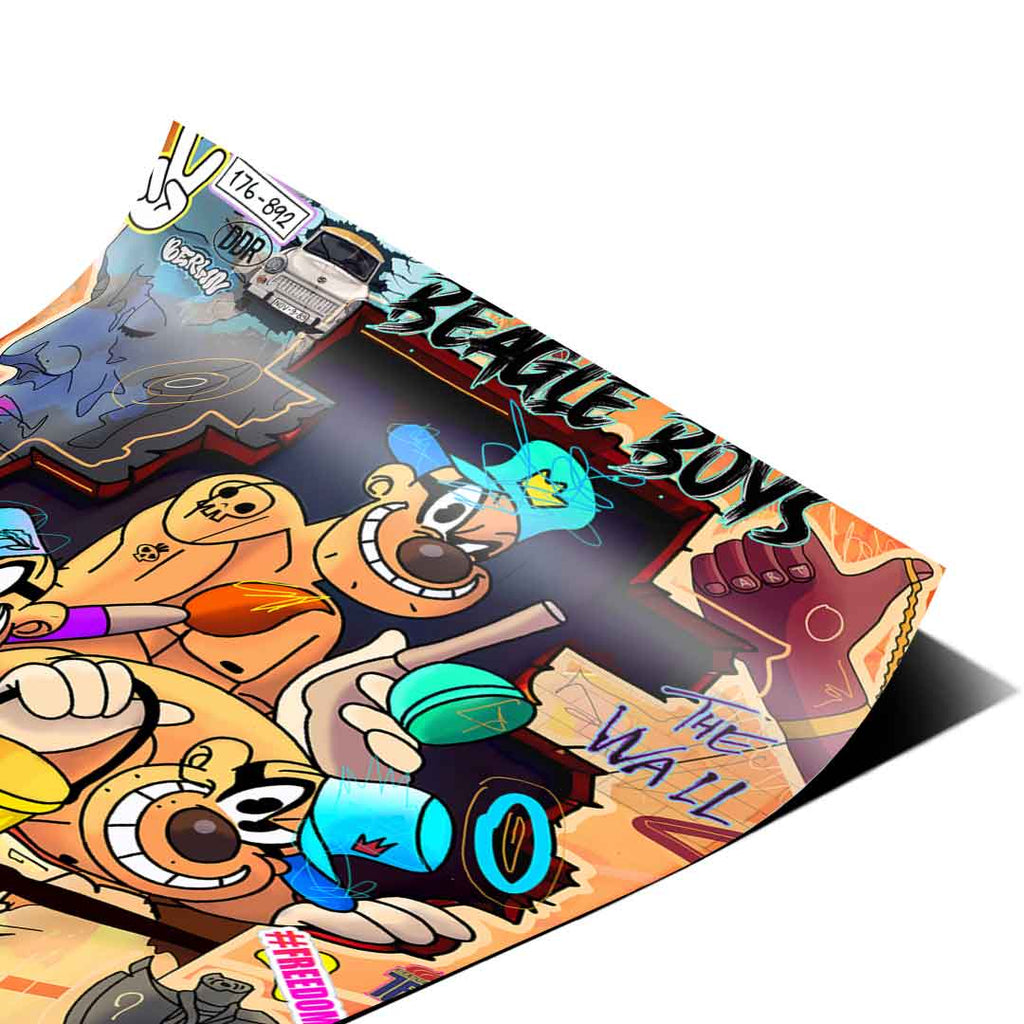 Vibrant pop art poster with blue, yellow, red, and orange hues in a comic-book street art style