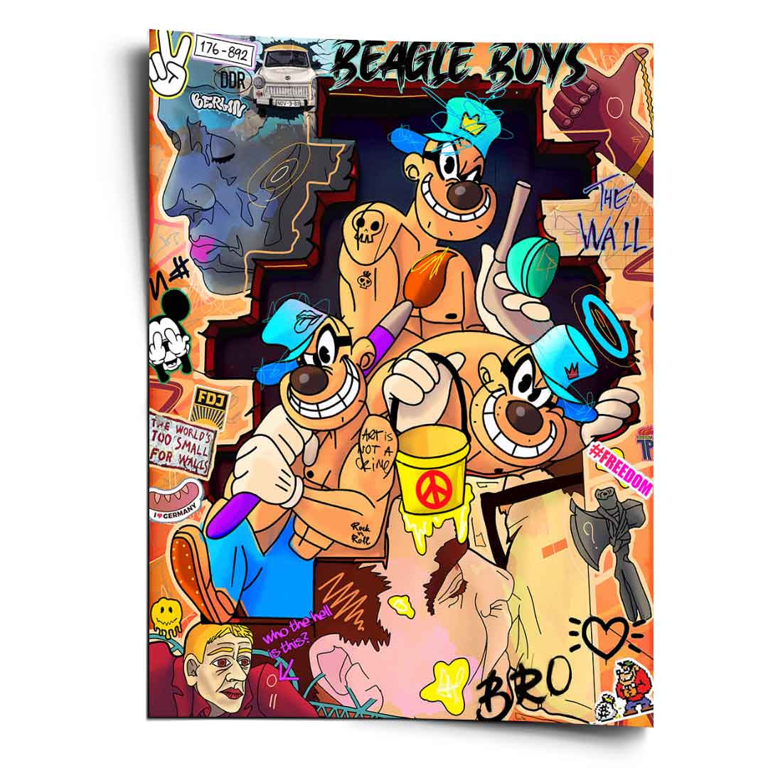 Beagle Boys Pop Art graffiti poster featuring rebellious cartoon dogs with bold primary colors