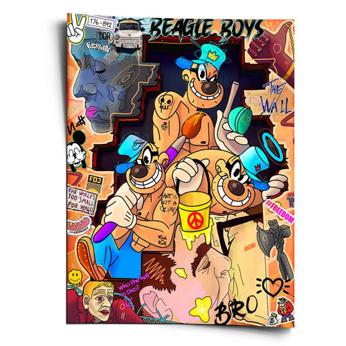 Beagle Boys Pop Art graffiti poster featuring rebellious cartoon dogs with bold primary colors