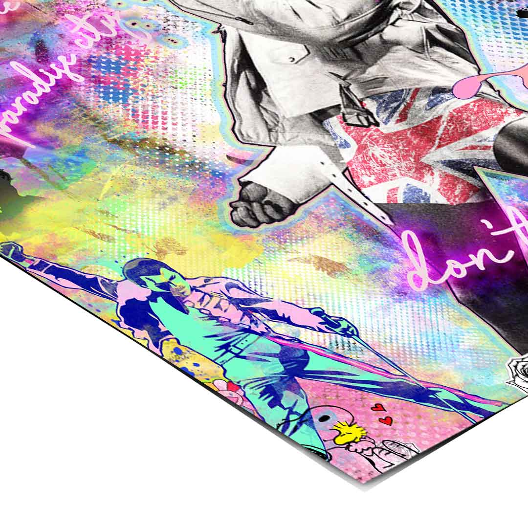 Electric pinks, blues, purples, and yellows convey a lively, rebellious mood.
