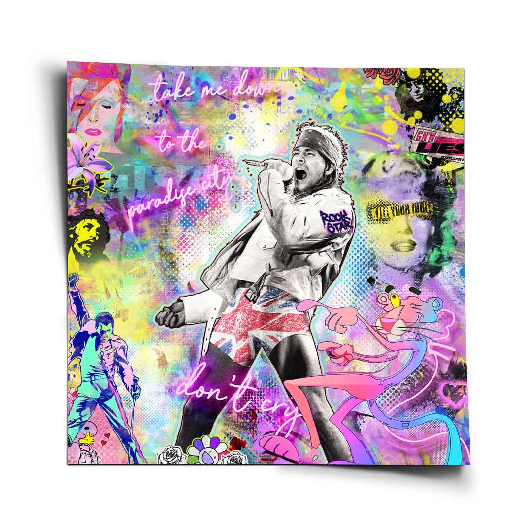 Square poster featuring a neon Pop Graffiti collage with Axl Rose center stage and icons like David Bowie, Freddie Mercury, Marilyn Monroe, Bob Marley, and the Pink Panther.