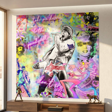 Layered portraits and lyrics woven through a vibrant kaleidoscopic color palette on the poster.