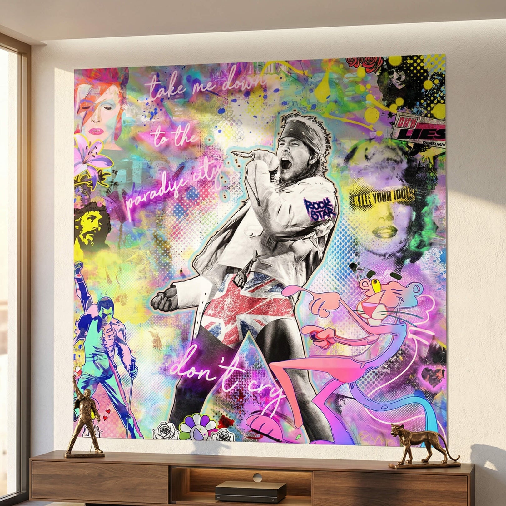 Layered portraits and lyrics woven through a vibrant kaleidoscopic color palette on the poster.