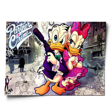 Landscape poster featuring Donald Duck and Daisy Duck in a gangster-inspired pop art style against a gritty vintage city street with classic cars.