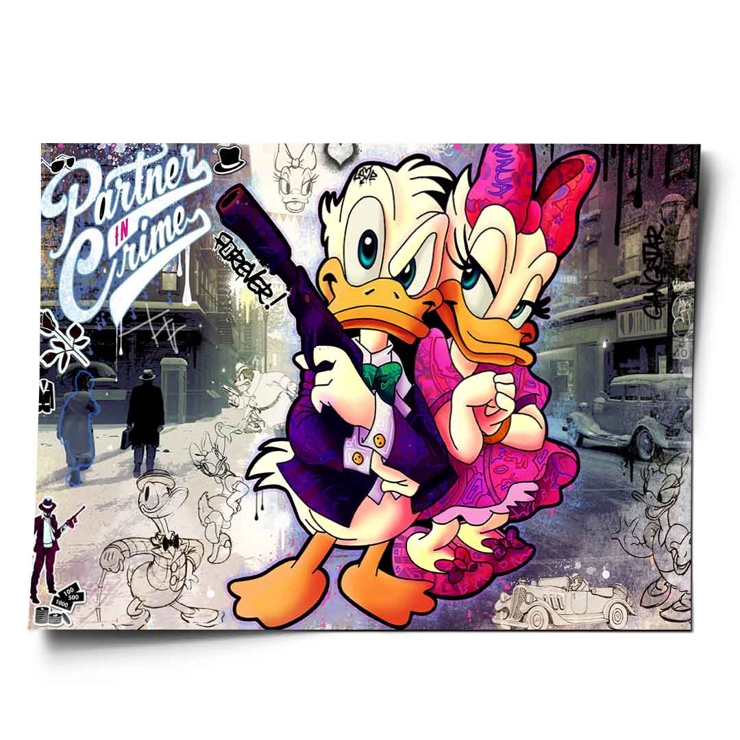 Landscape poster featuring Donald Duck and Daisy Duck in a gangster-inspired pop art style against a gritty vintage city street with classic cars.