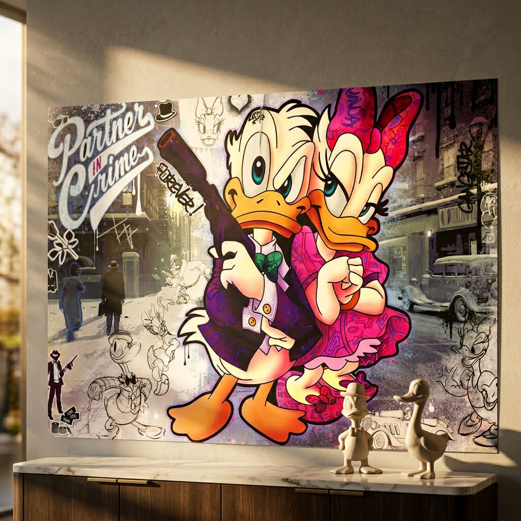 Bold cartoon animal wall art with a couple in bright purple, pink, and green colors against an urban backdrop.