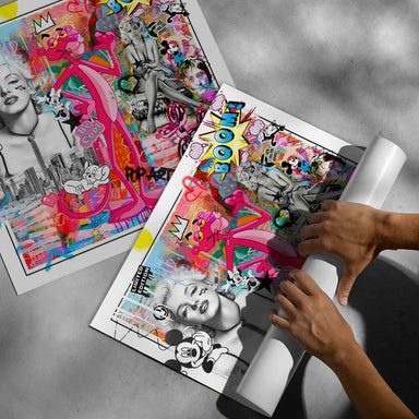 Square-format wall art print combining celebrity portraits and cartoon icons in a vivid street-art-inspired composition