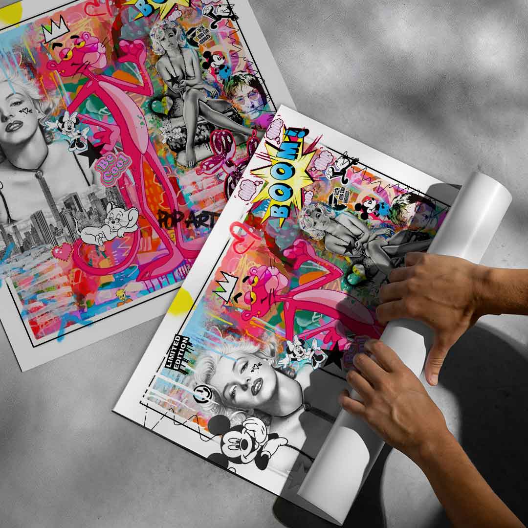 Square-format wall art print combining celebrity portraits and cartoon icons in a vivid street-art-inspired composition