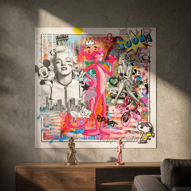 Colorful graffiti background with bold BOOM and POP ART text and high-contrast portraits