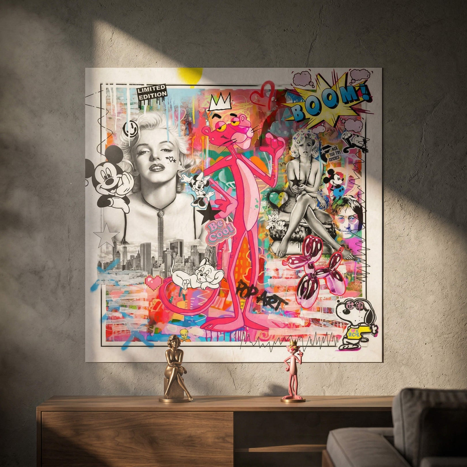 Colorful graffiti background with bold BOOM and POP ART text and high-contrast portraits