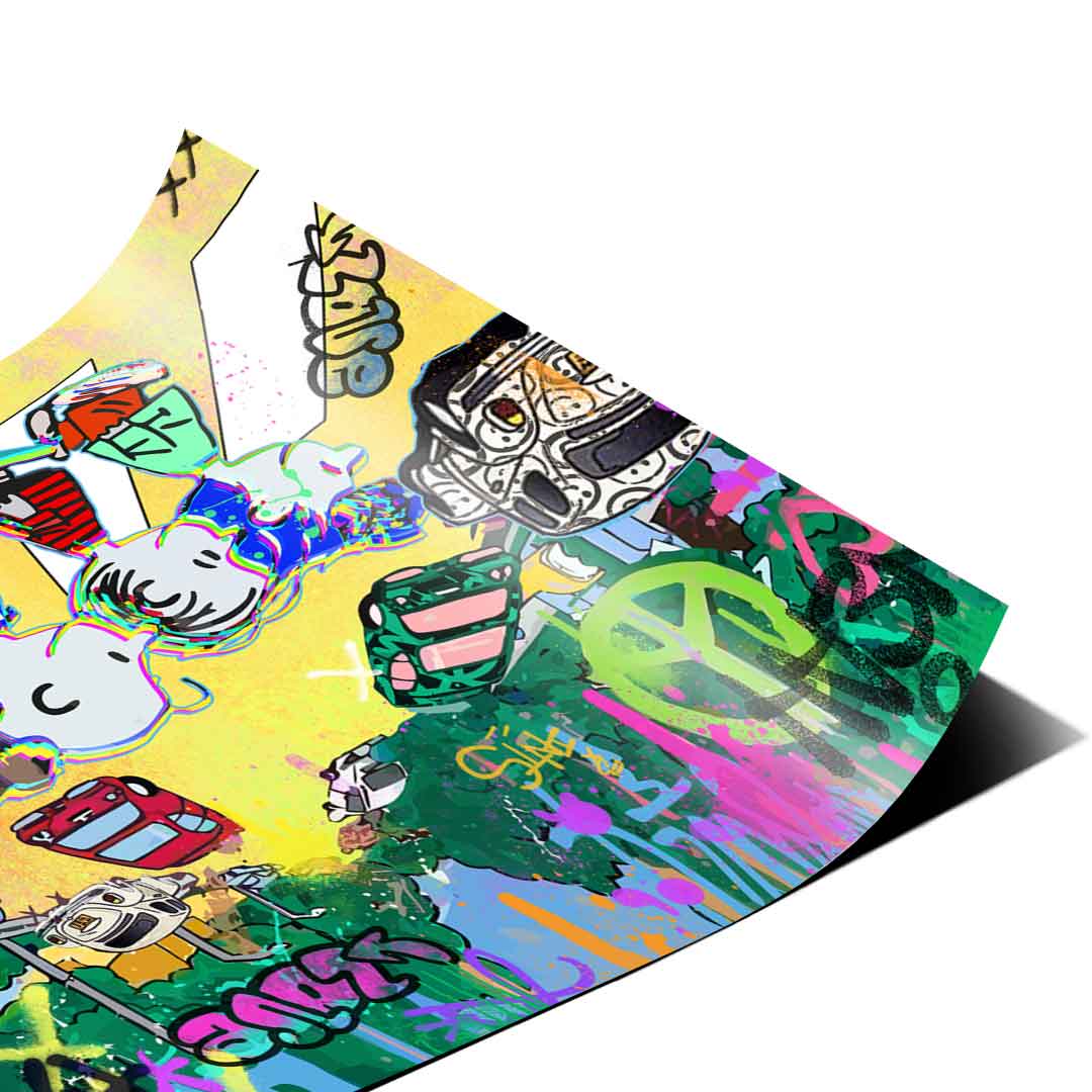 Colorful Pop Art style wall art showing a street crossing with graffiti tags and retro cars in an energetic city backdrop.