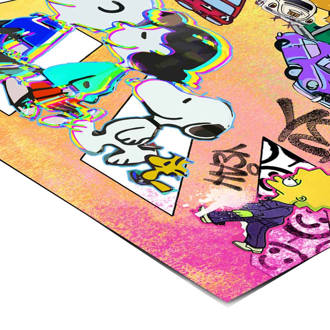 Cameo of Bart Simpson in a retro street art setting within a bold comic panels composition.