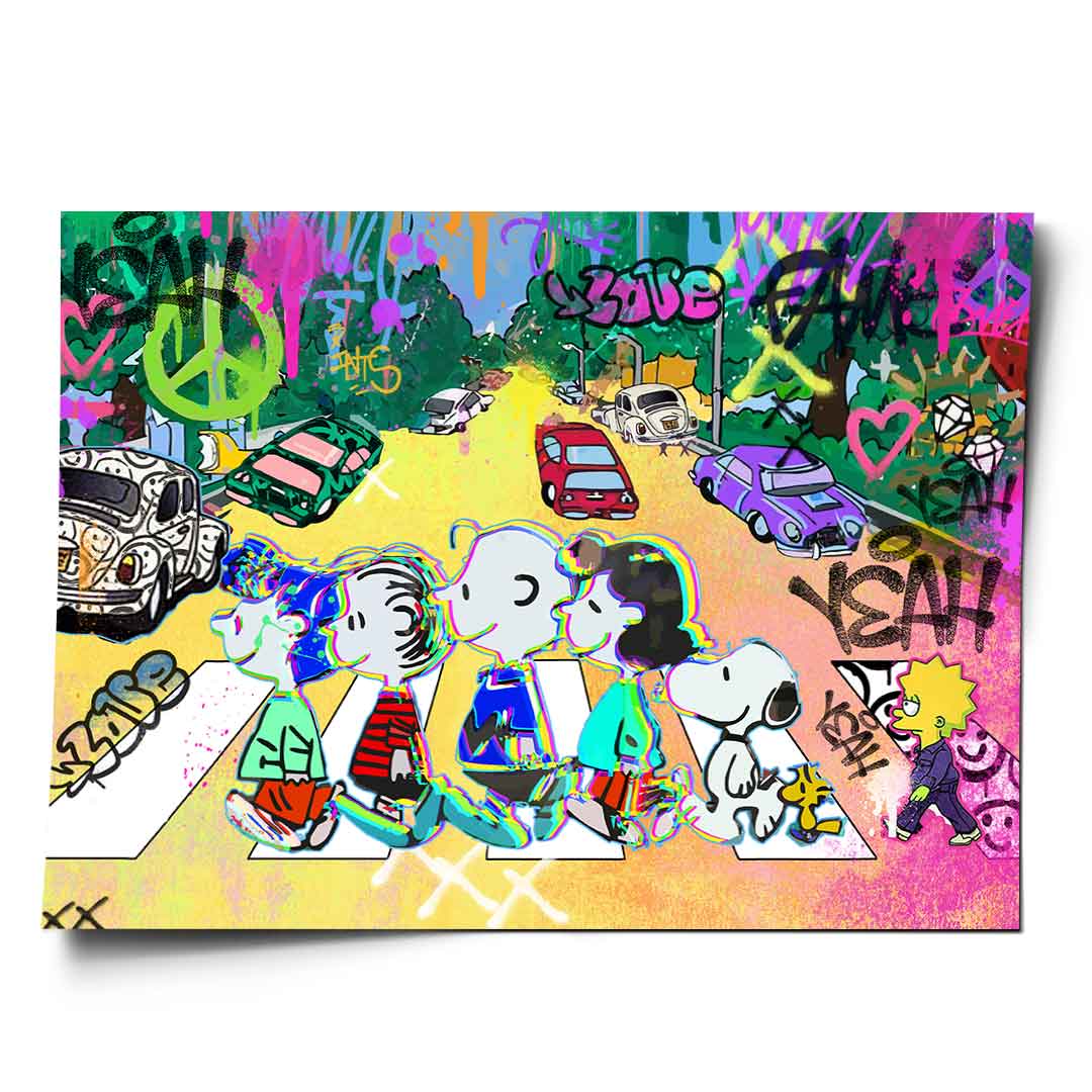 Landscape orientation wall art featuring Charlie Brown, Snoopy, and Lucy in a neon Pop Art street scene with graffiti and vintage cars.