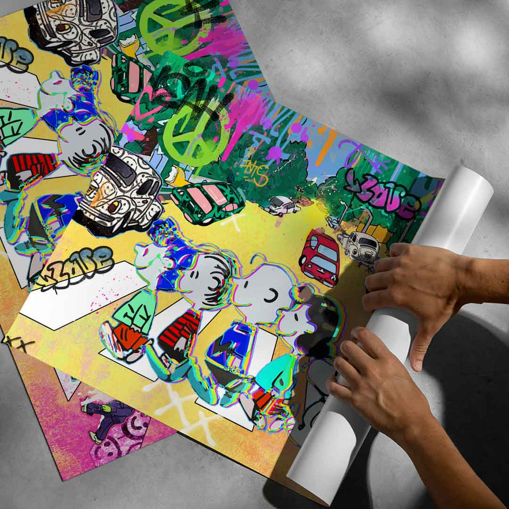 Eclectic, contemporary wall art suitable for urban decor and fans of comic art and street art.