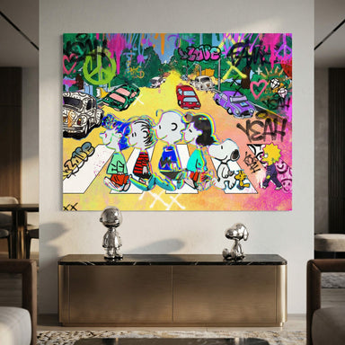 Bold outlines and bright yellows, pinks, greens, and blues in a Peanuts cartoon street scene with urban graffiti.