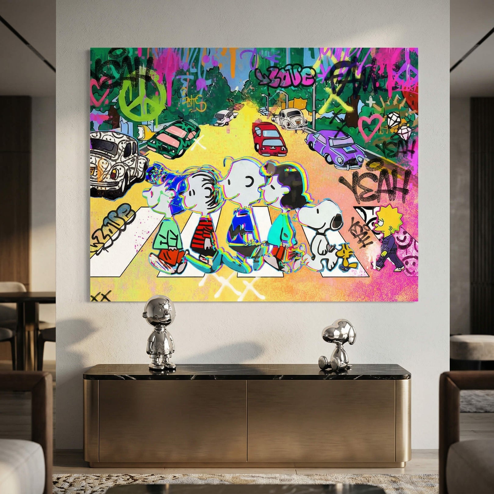 Bold outlines and bright yellows, pinks, greens, and blues in a Peanuts cartoon street scene with urban graffiti.