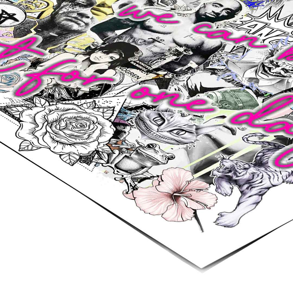Alice in Wonderland motif embedded in a vibrant street-art inspired pop art collage