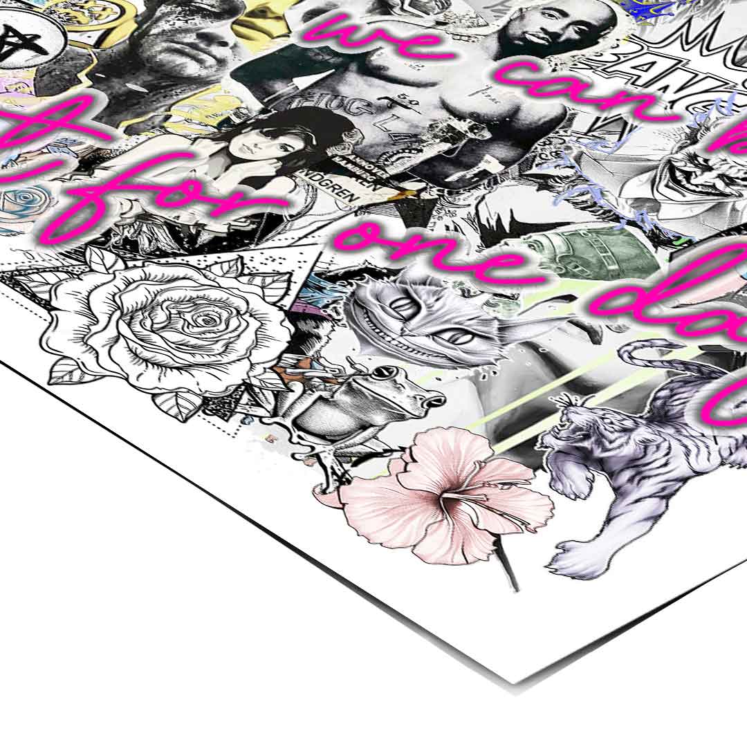 Alice in Wonderland motif embedded in a vibrant street-art inspired pop art collage