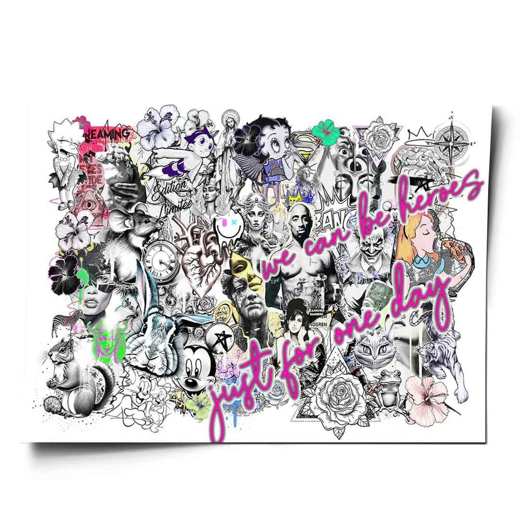 Pop art collage wall art with grayscale base and neon pink and green accents featuring Betty Boop, Mickey Mouse, and text elements
