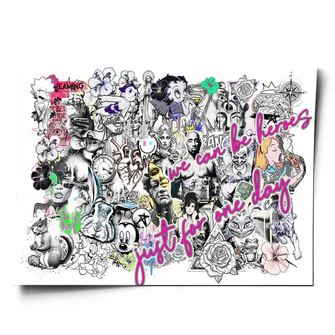 Pop art collage wall art with grayscale base and neon pink and green accents featuring Betty Boop, Mickey Mouse, and text elements