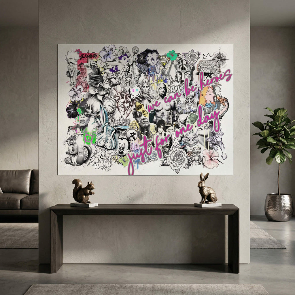 Neon-highlighted pop culture icons like Tupac and Amy Winehouse in a dense graffiti-inspired collage