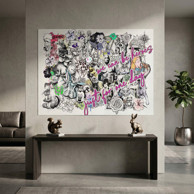 Neon-highlighted pop culture icons like Tupac and Amy Winehouse in a dense graffiti-inspired collage