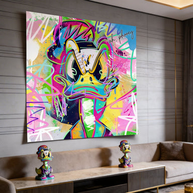Scribbled lines and paint splatters surround the expressive cartoon mascot.
