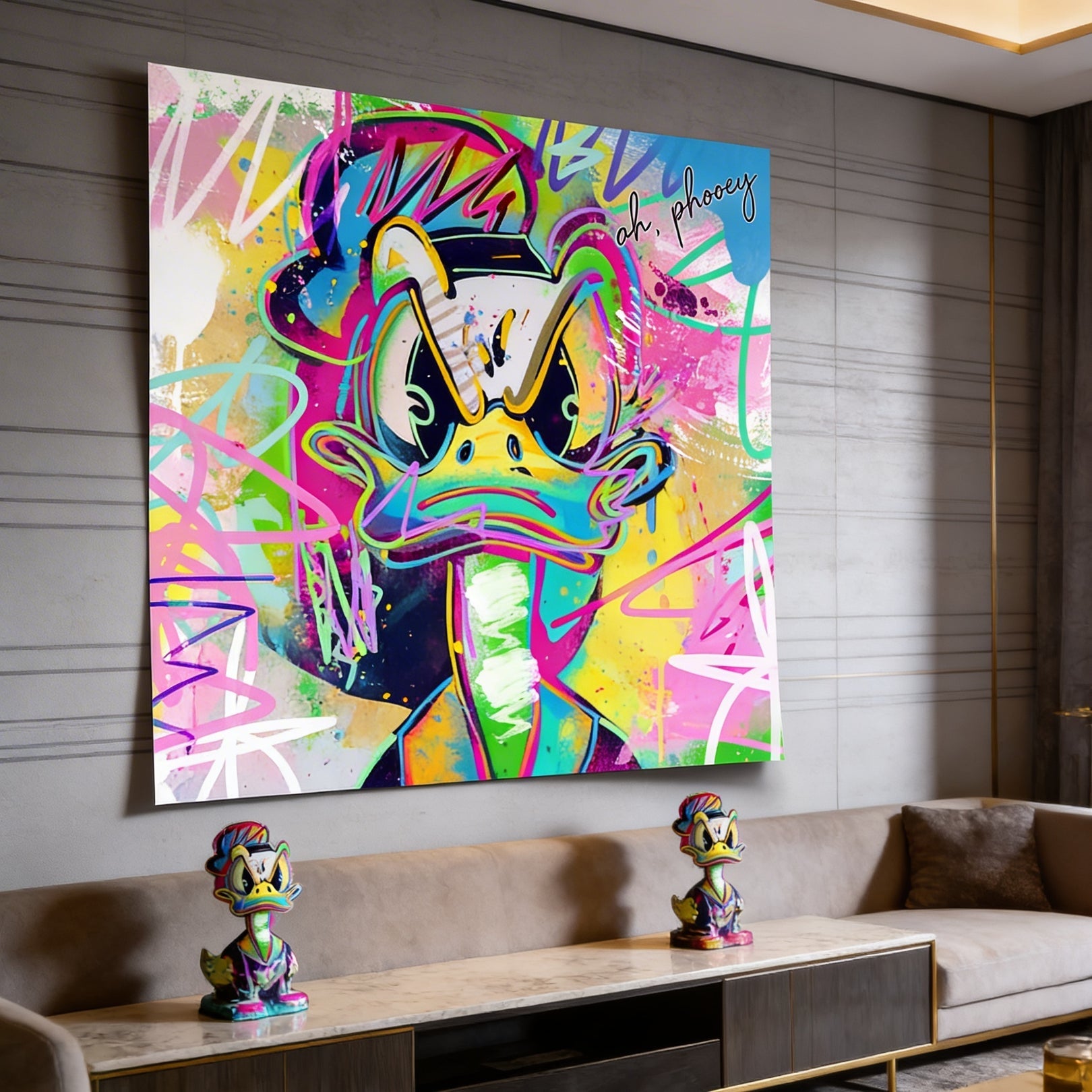 Scribbled lines and paint splatters surround the expressive cartoon mascot.