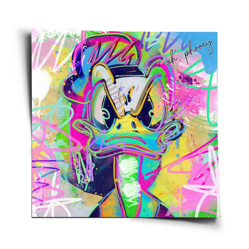 Central close-up of Donald Duck in neon Pop Art graffiti style with pink, electric blue, lime green, and yellow colors.