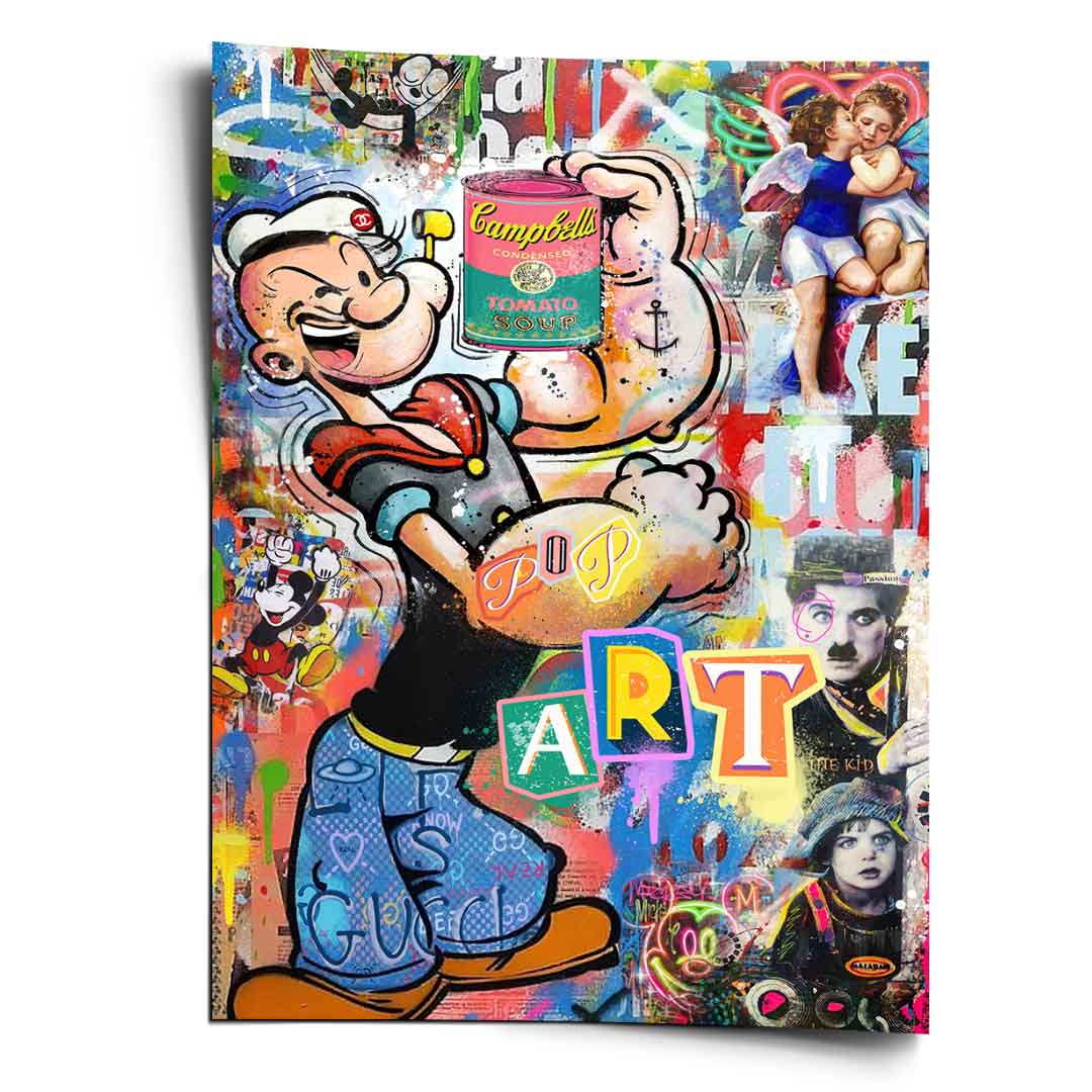 Popeye holding a Campbell's soup can in a vibrant pop art wall art print against a graffiti background